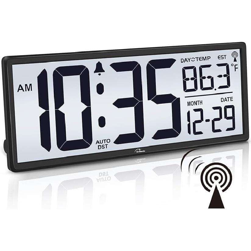 WallarGe 14.5   Atomic Clock with Backlight, Large Digital Wall Clock Battery Operated, Large Display with Temperature and Date, Easy to Read and Set Backlight