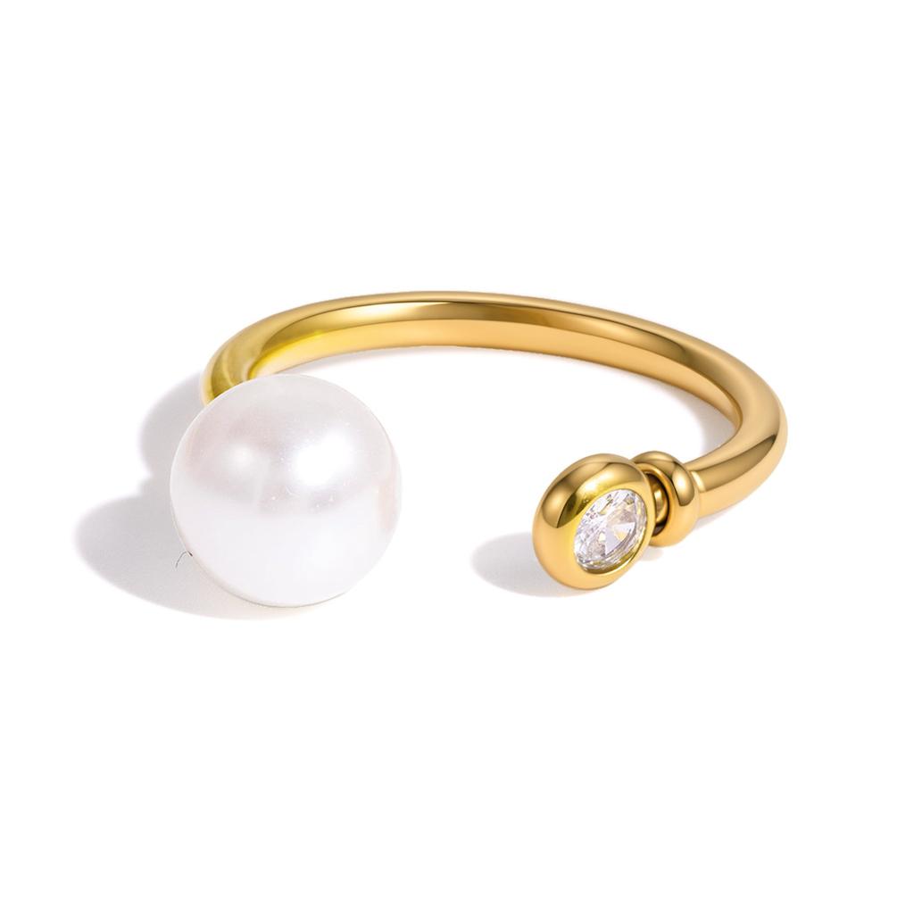 Original Stainless Steel Ring White Pearl Zircon Niche High-End Piece 18K Gold-Plated Europe America Style Geometric Design