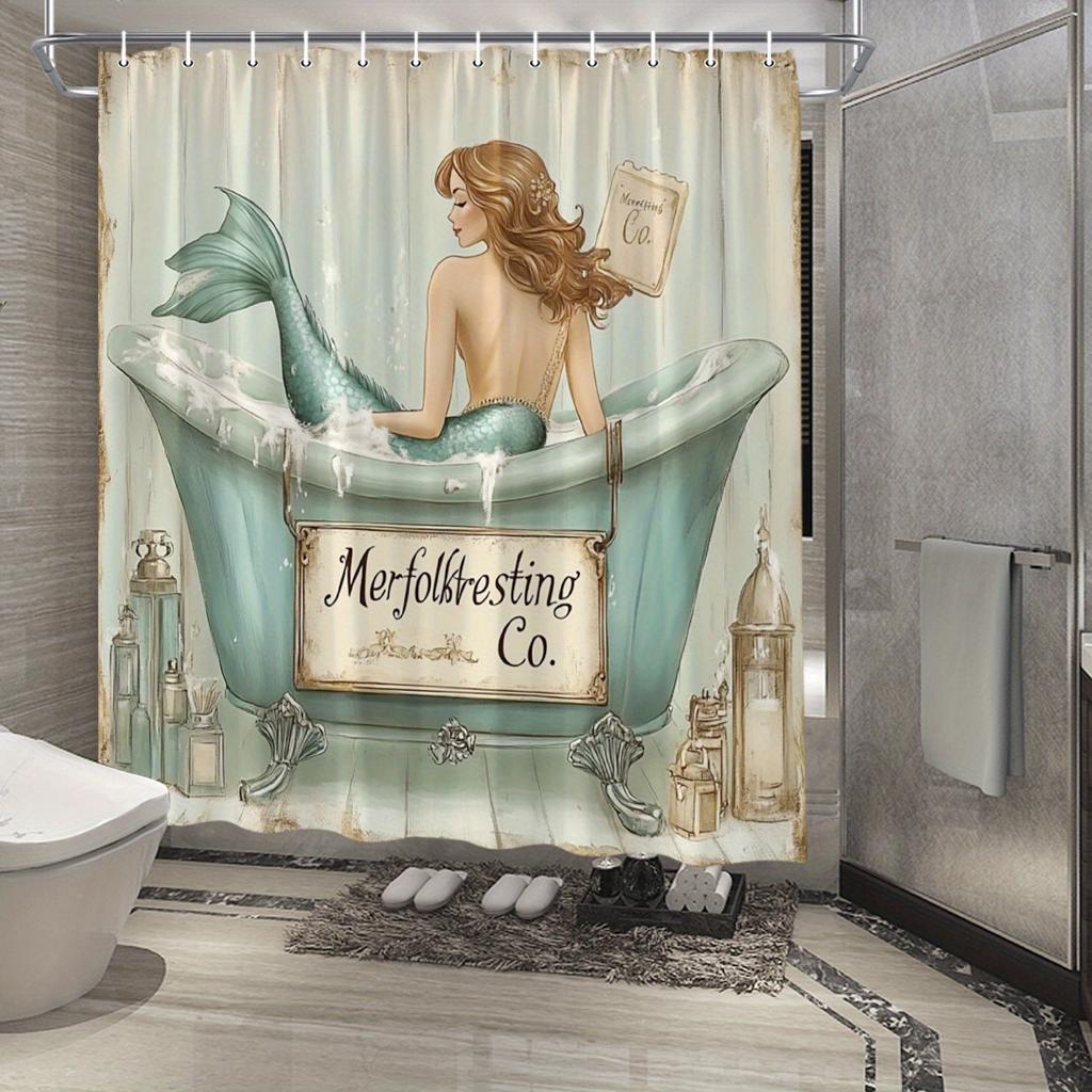 Mermaid Shower Curtain - Watercolor Merfolk & Vintage Tub Design, Colorful Fantasy Scene, Water-Resistant Polyester