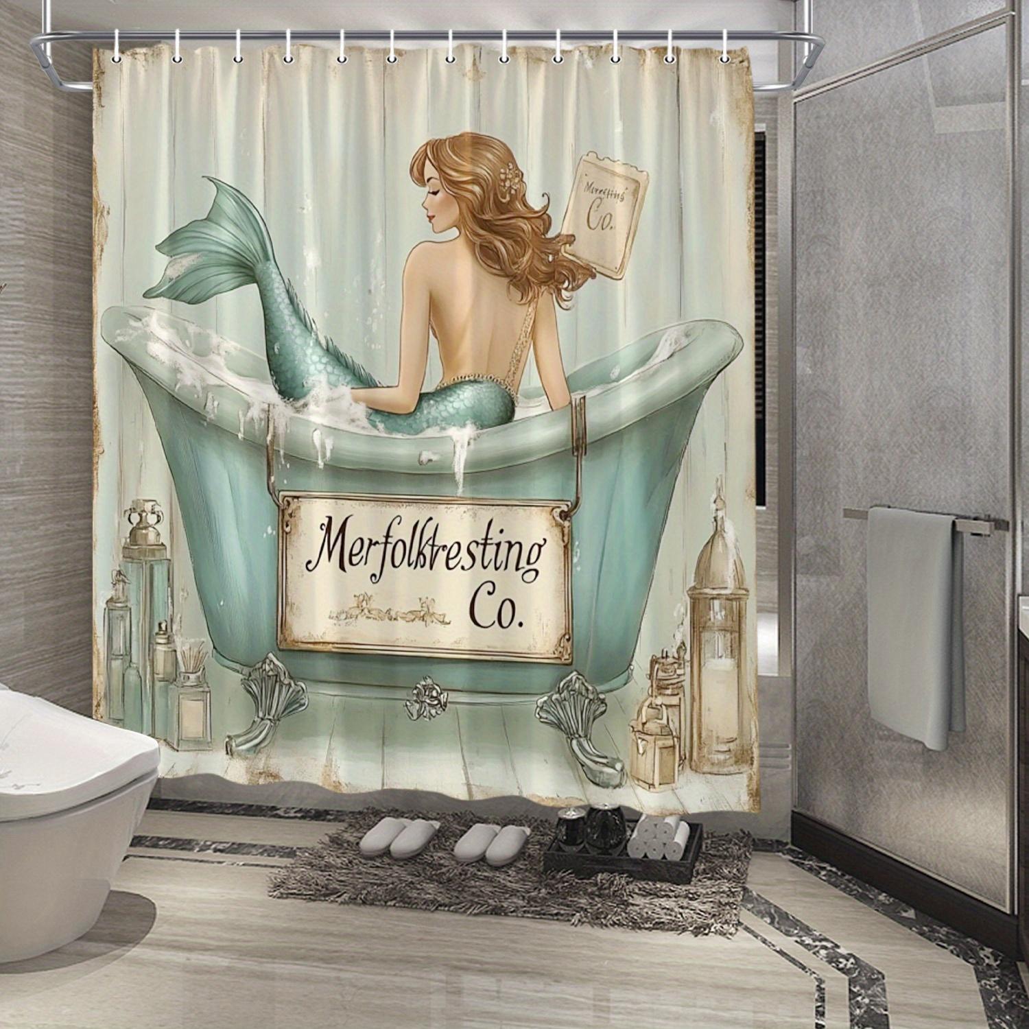 Шторка для душа  Русалка  - Акварельные русалки и дизайн в винтажной ванне, Красочная фэнтезийная сцена, Водостойкий полиэстер W90xH180cm
