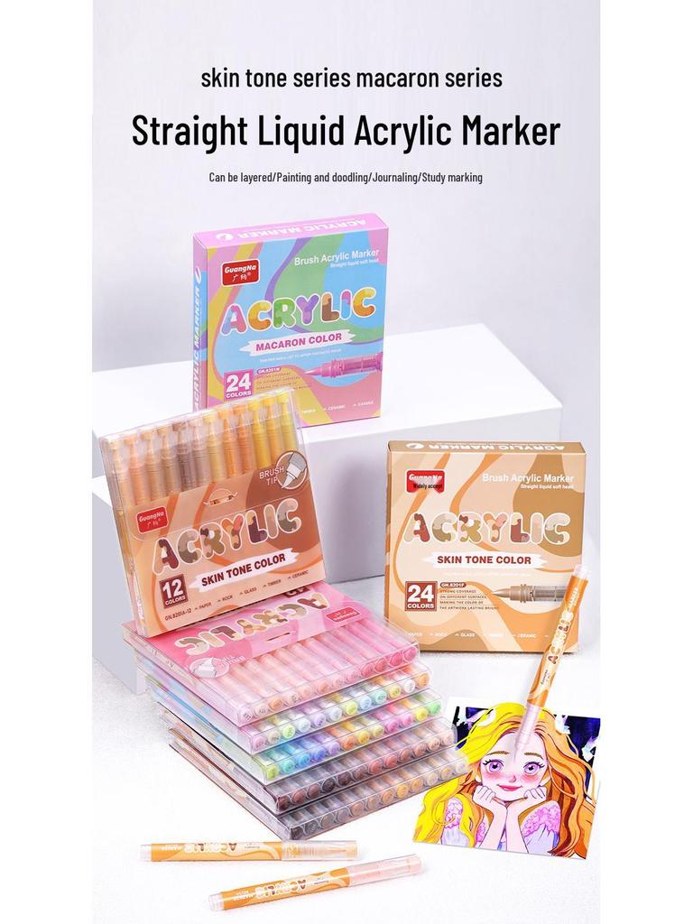 Guangna 8201 Acrylic Marker Set: 24 Skin Tone & Macaron Colors for Art Painting