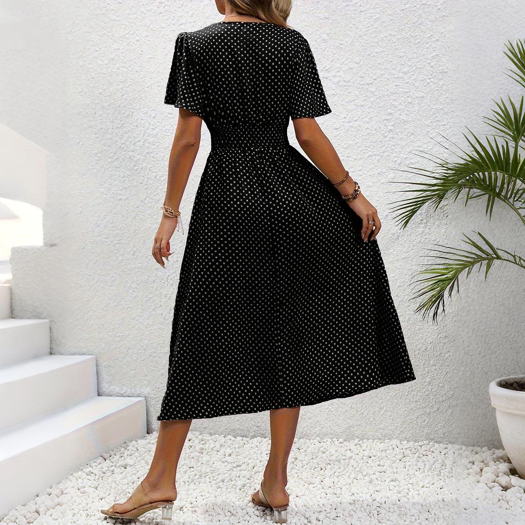 Women's V-Neck Waist-Defining Polka Dot Short-Sleeve Casual Dress