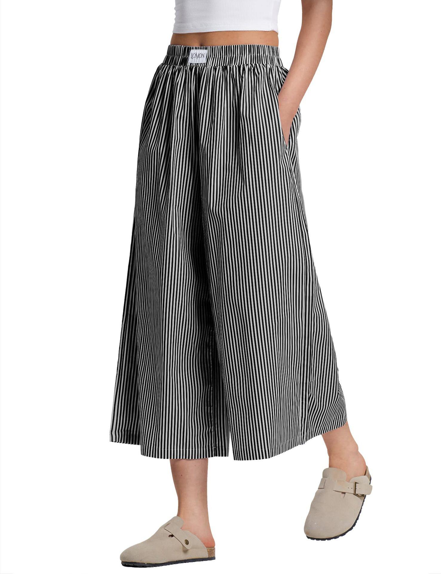 Женские льняные клетчатые широкие летние брюки 2025 - Повседневные, свободные, стройнящий дизайн Small (S) серый