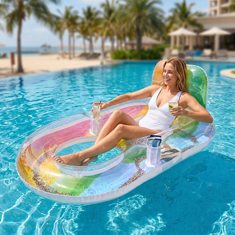 Colorful Sequin Reclining Water Lounger: Inflatable PVC Mesh Pool Float for One