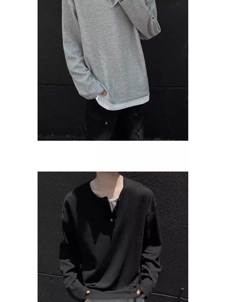 Men's Autumn Korean Style Slim-Fit Henley Long-Sleeve T-Shirt