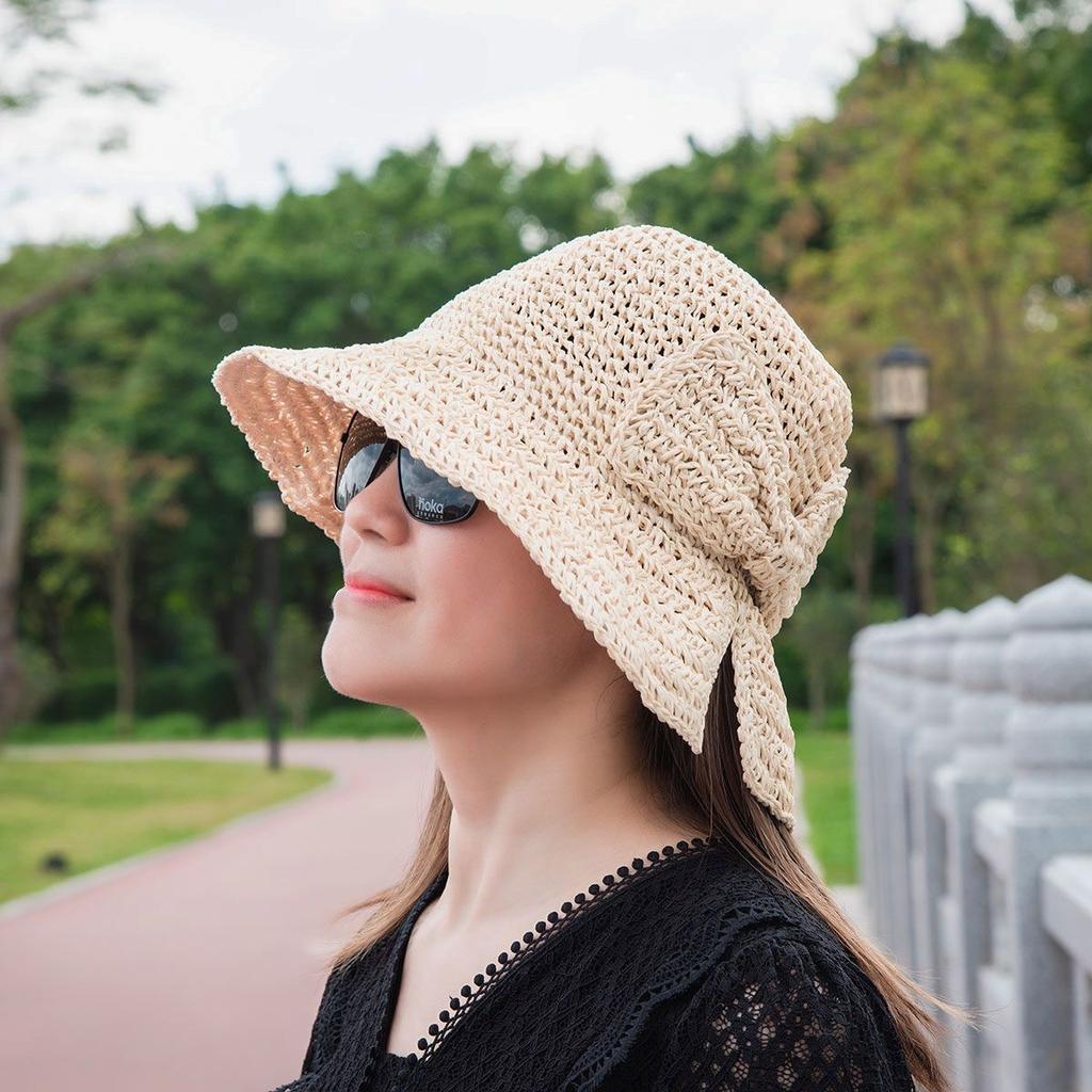 Straw Hat Women's Spring and Summer New Hand Hook Bow Rear Split Hat Solid Color Foldable Vacation Visor