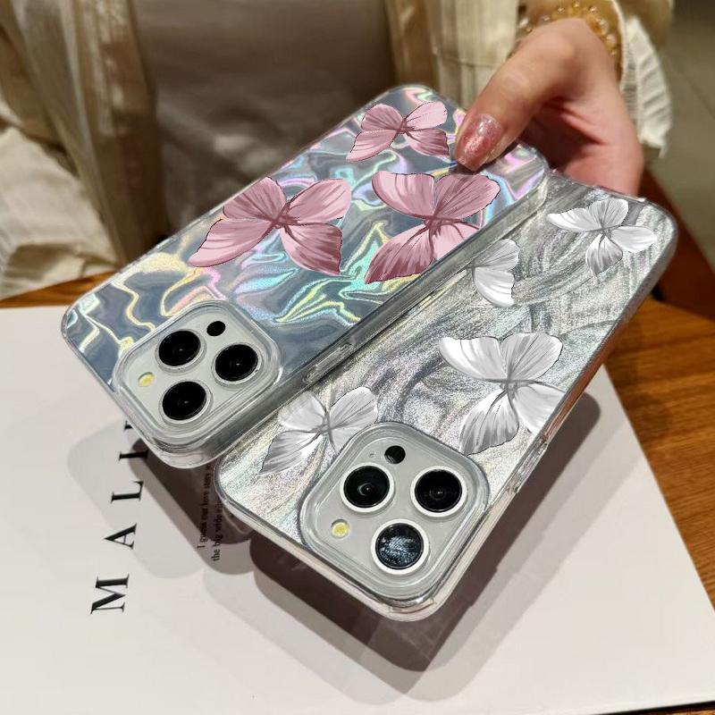 Carcasă de telefon subțire cu imprimeu de fluturi în culori solide, cu margini moi, pentru iPhone 16 Pro 15 Pro Max 14 13 12 11, cu sclipici, cu pene, rezistentă la șocuri, din PC rigid