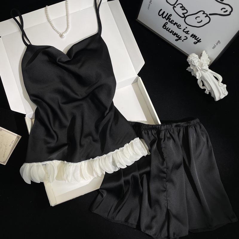Women's Summer Ice Silk Sling Pajama Set with Chest Pad - Sexy Petal Vest & Shorts
