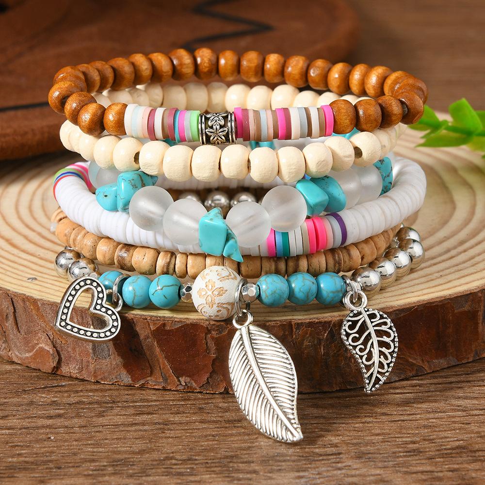 Boho Beaded Stack Bracelet Set, Multi-Layer Wood & Turquoise Bead Bracelet for Women, Bohemian Casual Beach Jewelry