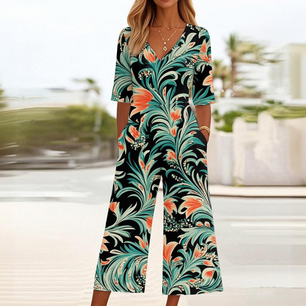 Women's Loose Casual V-Neck Printed Jumpsuit Slim Fit Wide Leg Jumpsuit Wide Leg Jumpsuit