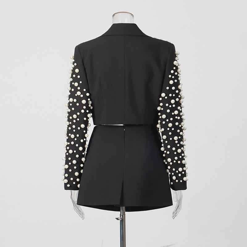 Fashion Sexy Wind Skirt Suit Women Lapel Pearl Decoration Short Top + Low Waist Slimming A-line