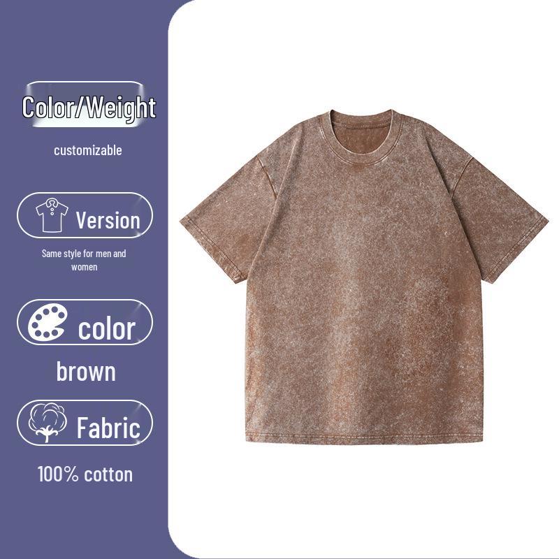 T-shirt Lavata Retrò Fiocco di Neve 230g, Stile Europeo e Americano, Puro Cotone, Vestibilità Larga Girocollo Pullover, T-shirt Uomo Pesante.