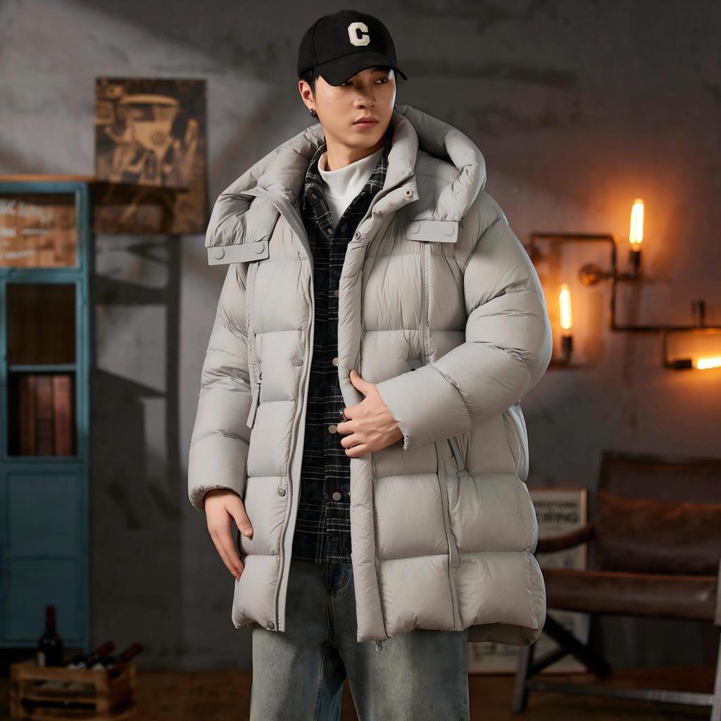 Men's Trendy Winter Hooded Down Jacket: Warm, Thickened, Mid-Length Coat with Stand Collar.