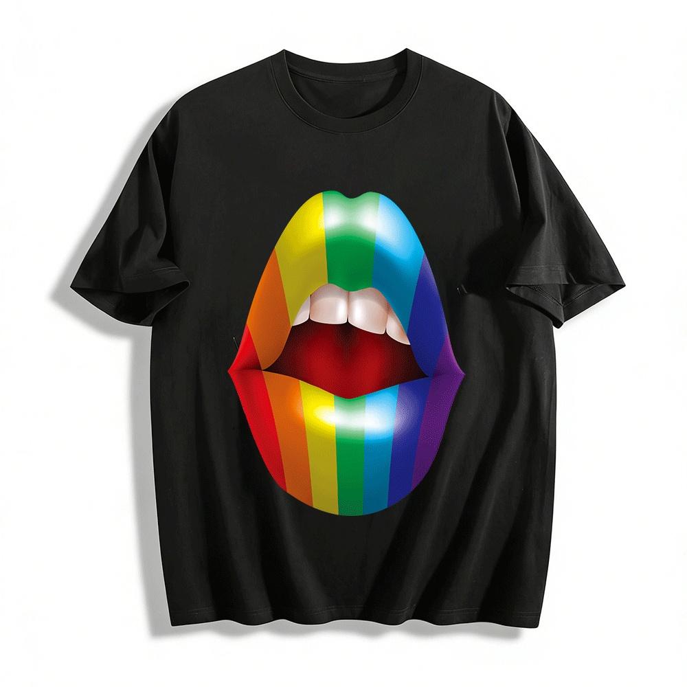 Rainbow Lip Print Trendy Casual Unisex Short Sleeve T-Shirt Pure cotton T-shirt XXS