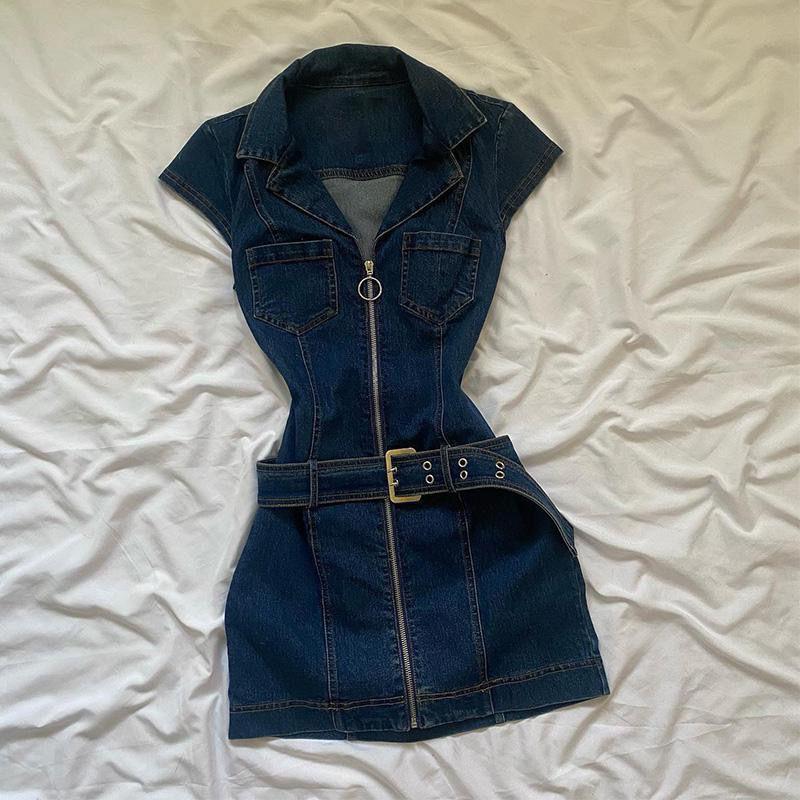 

Retro Denim Slimming Lapel Jumpsuit with Zipper Waist Design S синий