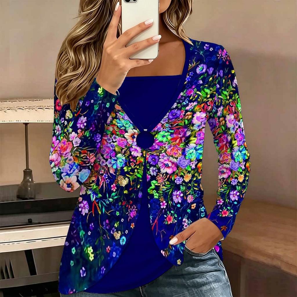 Tops for Women Floral Print Long Sleeve Fake Two‑Piece Top Fall Casual Slim Pullover Women's Long Sleeve Top