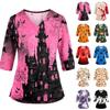 Halloween Print V Neck Nurse Top with Pockets Side Slits Three Quarter Sleeves Medical Scrub Shirt for Women