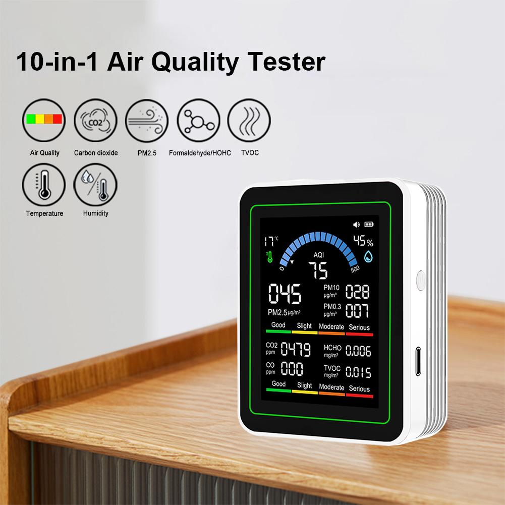 10-in-1 Air Quality Monitor Real-Time HCHO Detector with Display Temperature Humidity Detector for Home Office School