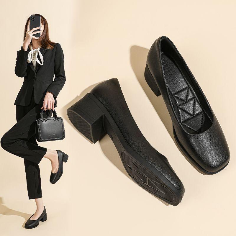 Schwarze hochwertige Damen-High-Heel-Schuhe Klassische Mode Damen Freizeitschuhe Niedrigabsatz Formell Weiches Leder Elegant Arbeitsschuhe