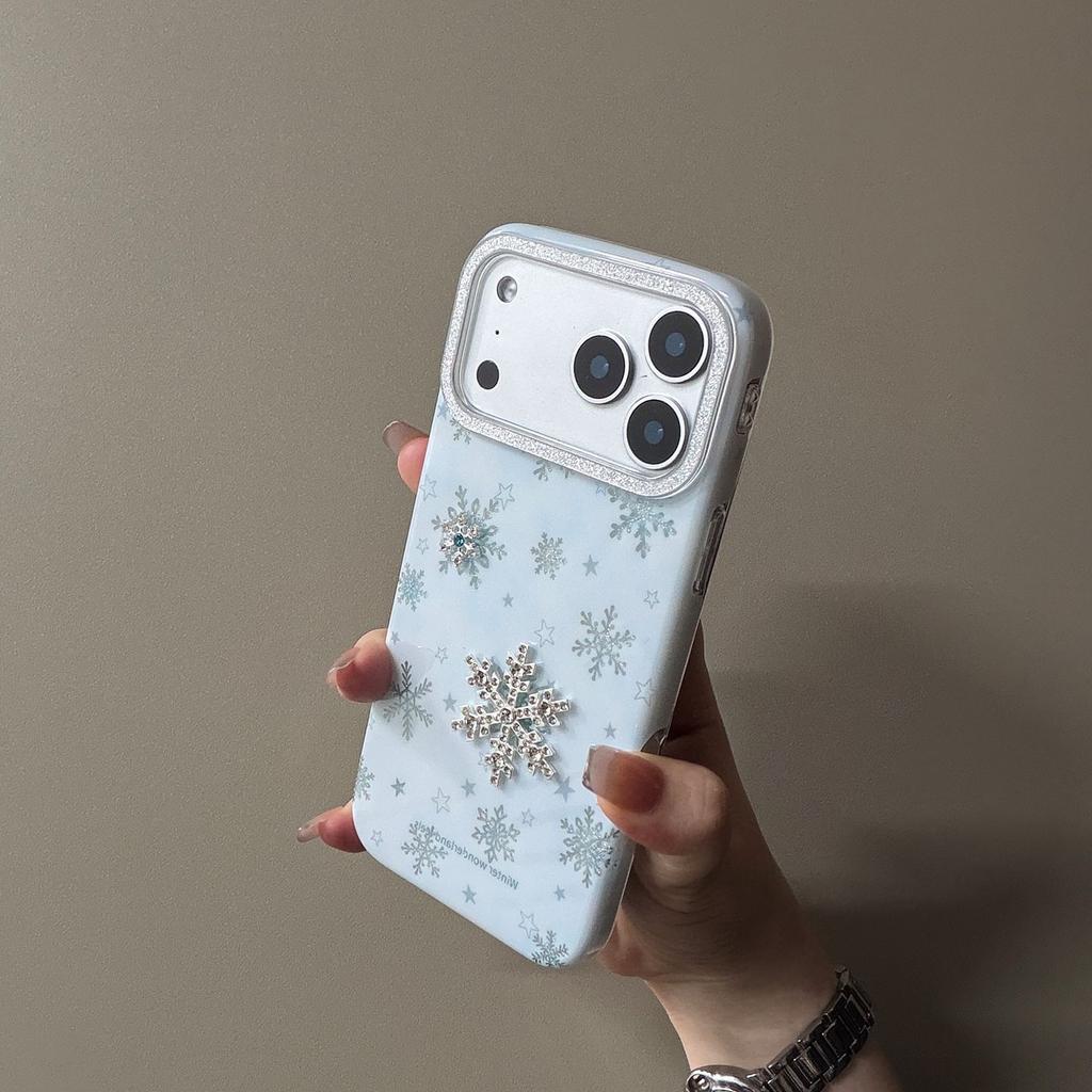 Milk blue three-dimensional snowflake suitable for iphone17/16pro max mobile phone case Apple 15 glitter 14 protective case