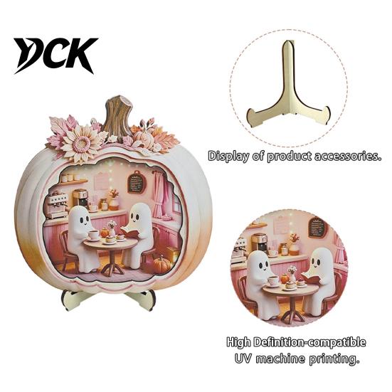 Cute Pastel Pumpkin Ornament Halloween Ghost Wooden Plaque, 2D Flat Tabletop Sign, Handmade Sign Spooky Bathing Reading for Home Office Mantel