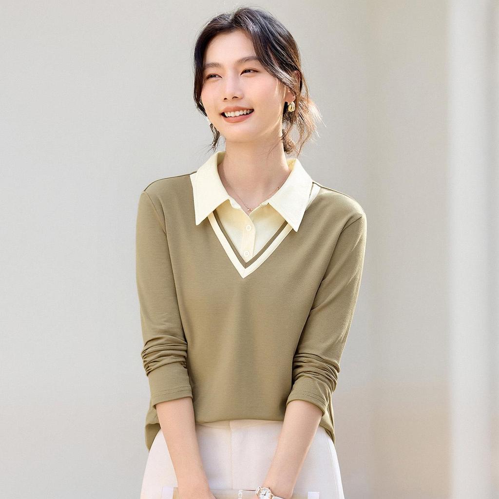 Women's Straight Shoulder Long-Sleeve T-Shirt, New 2026 Stylish Lapel Top for Spring & Autumn. Versatile Base Layer or Outerwear.