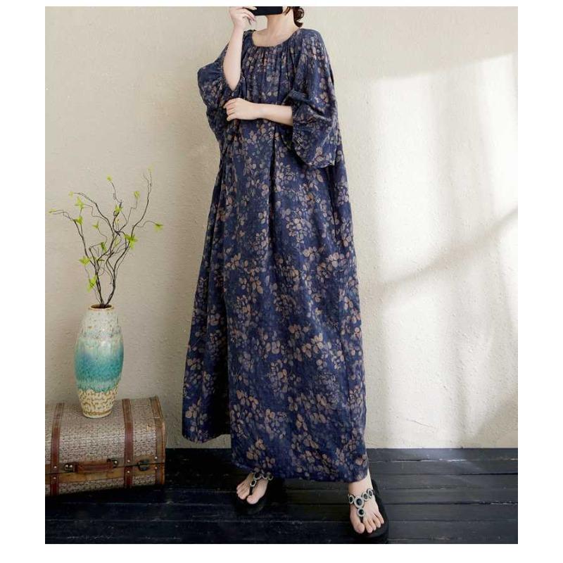 Cotton and Linen Printed Dress, Loose Robe, Lantern Sleeve Long Skirt