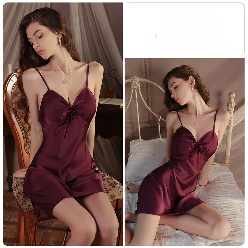 Women’s Silky Satin Nightdress Sexy Deep V Push-Up Padded Sleepwear