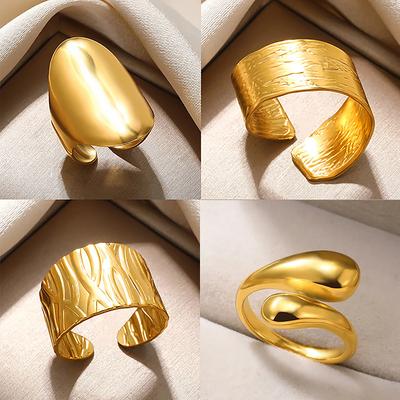 Stainless Steel Geometric Rings For Women Men Gold Color Wide Oval Jewelry Hippie Punk Opening Ring Wedding Party Gift