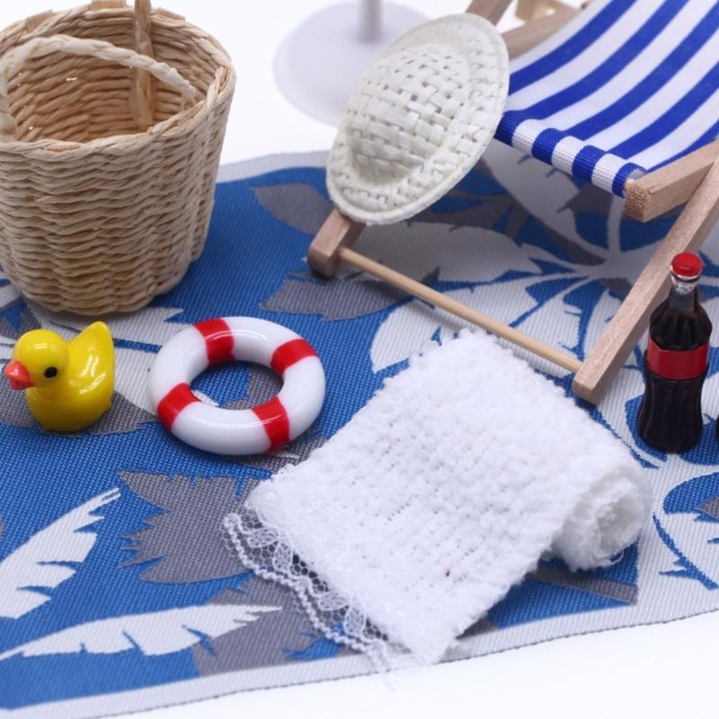 Miniature Seaside Set Doll House Scene Accessory With Wooden Lounge Chair And Sunshade For Kids Imaginative Activity