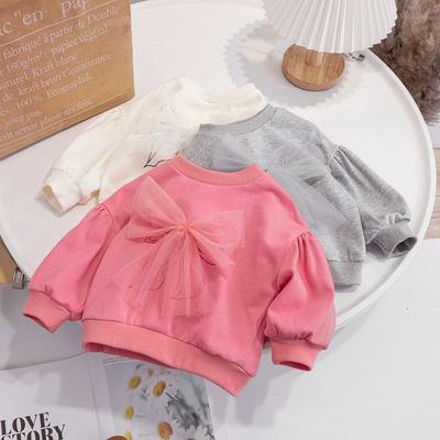 New Children's Korean Style Spring Top Sweatshirt For Girls Stylish Cute Mesh Bow Cotton Casual Long Sleeve Pullover Top Clothes