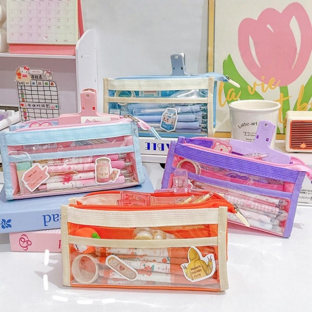 1 st Color Block Transparent PVC Pennskrin Penförvaringspåse för Prov Söta Färger Stor Kapacitet Flerlagers Kontorsmaterial