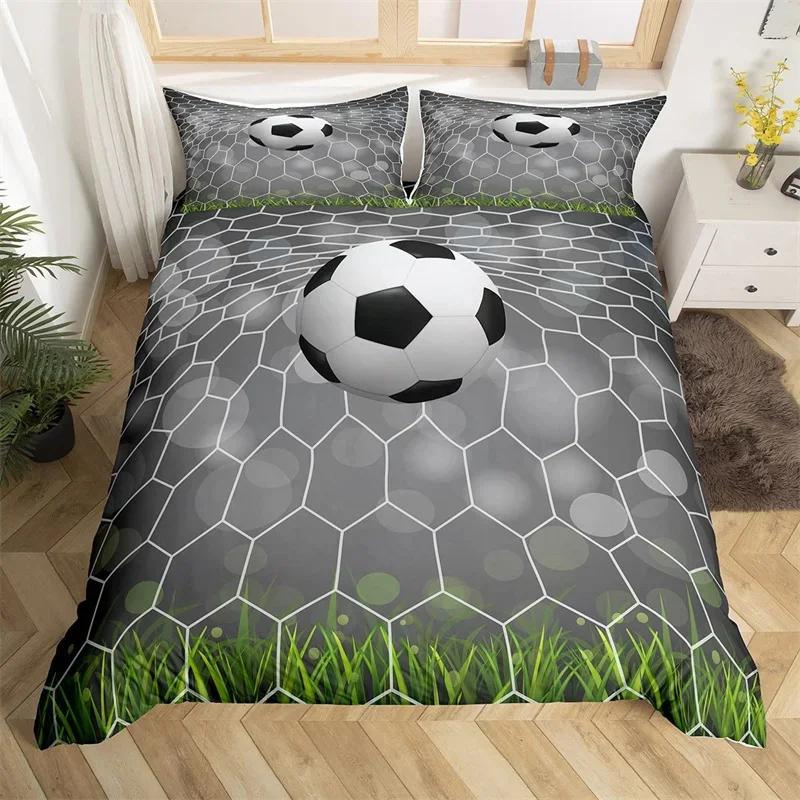 3D Soccer Duvet Cover Set Boys Football Bedding Set Ball Sport Theme Comforter Cover Polyester Geometric Hexagon Bedspread Cover