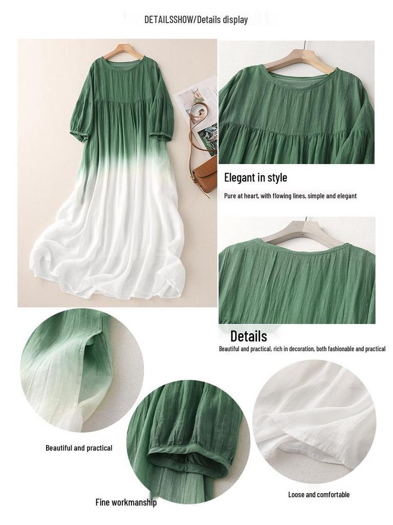 8973 Five-Sleeve Plus Size Gradient Cotton Linen Dress - Loose-Fit Early Autumn Style