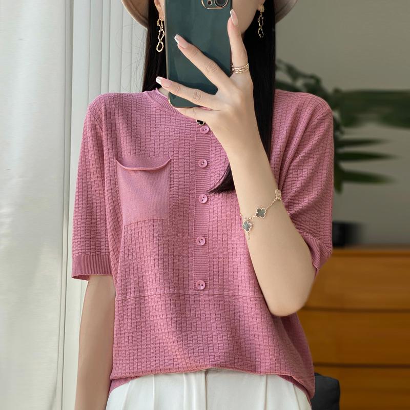 Women Knit T-shirt Summer Knitted Shirt Short Sleeve Tees O-neck Pullover Knit Tops Female