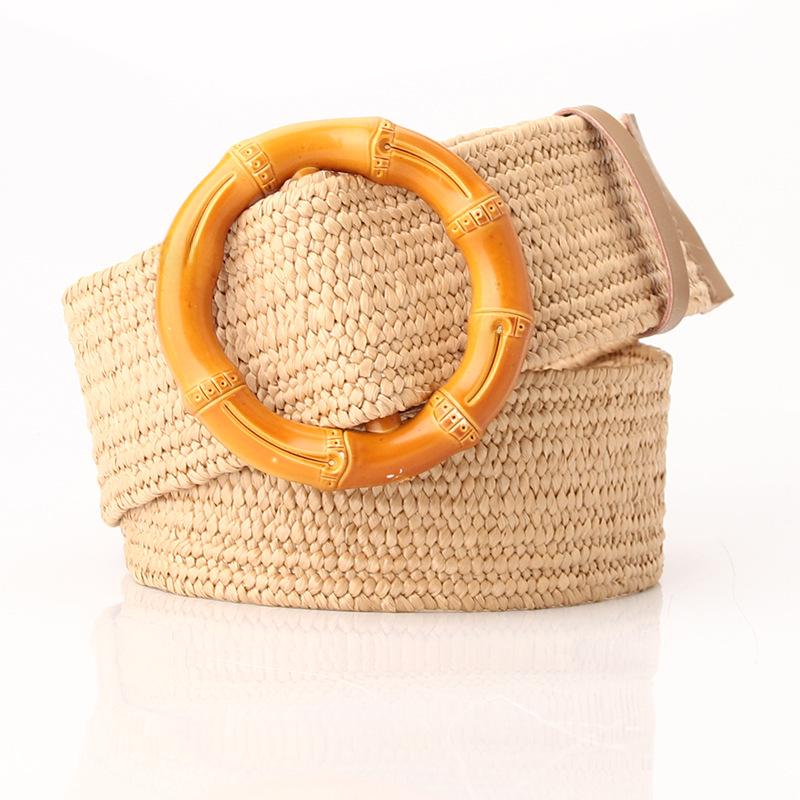 Women's Wide Round Buckle Elastic Belt - Cotton & Linen, Straw Style, Mori Girl Fashion.