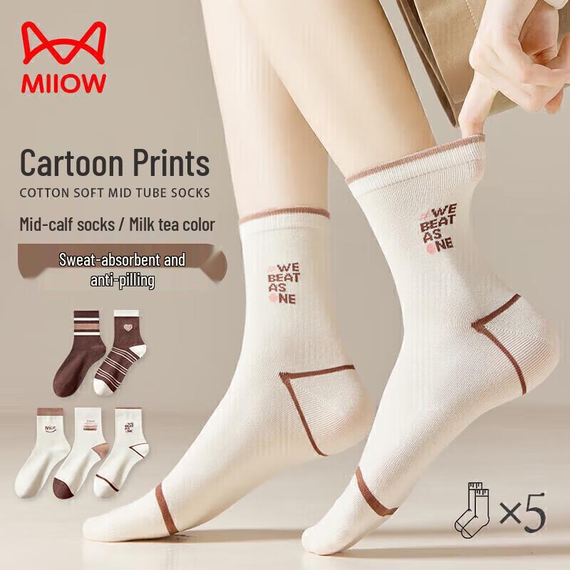 Mao Ren Women s Cotton Mid-Calf Socks (5 Pairs) One Size