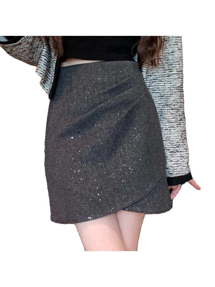 High-Waisted Black Wool Mini Skirt with Irregular Sequins - Women's A-Line Autumn/Winter 2025 Korean Style Bodycon Skirt.