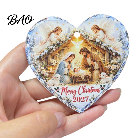 Heart Shaped Nativity Pendants Wooden Hanging Ornament for Christmas Tree Decorations, Retro Religious Ornaments Scene Garland Decoration Holiday Home