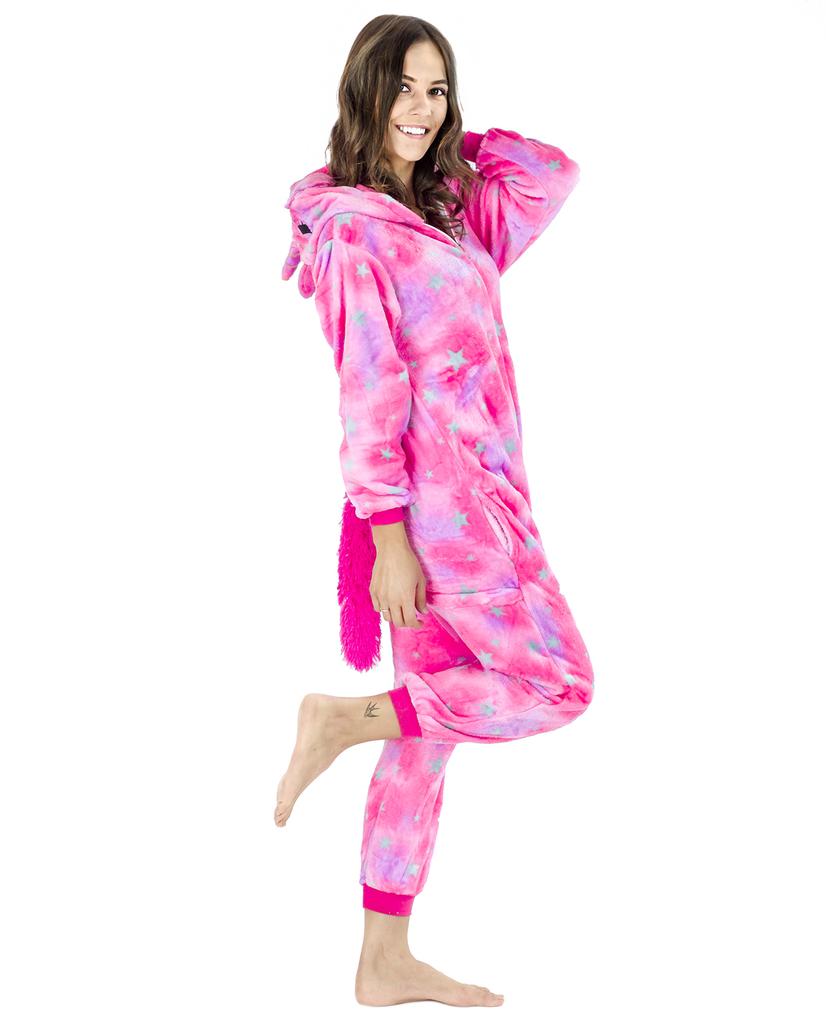 Teplý overalový kostým pro ženy, muže, pegase, kigurumi, růžová tepláková souprava, velikost L