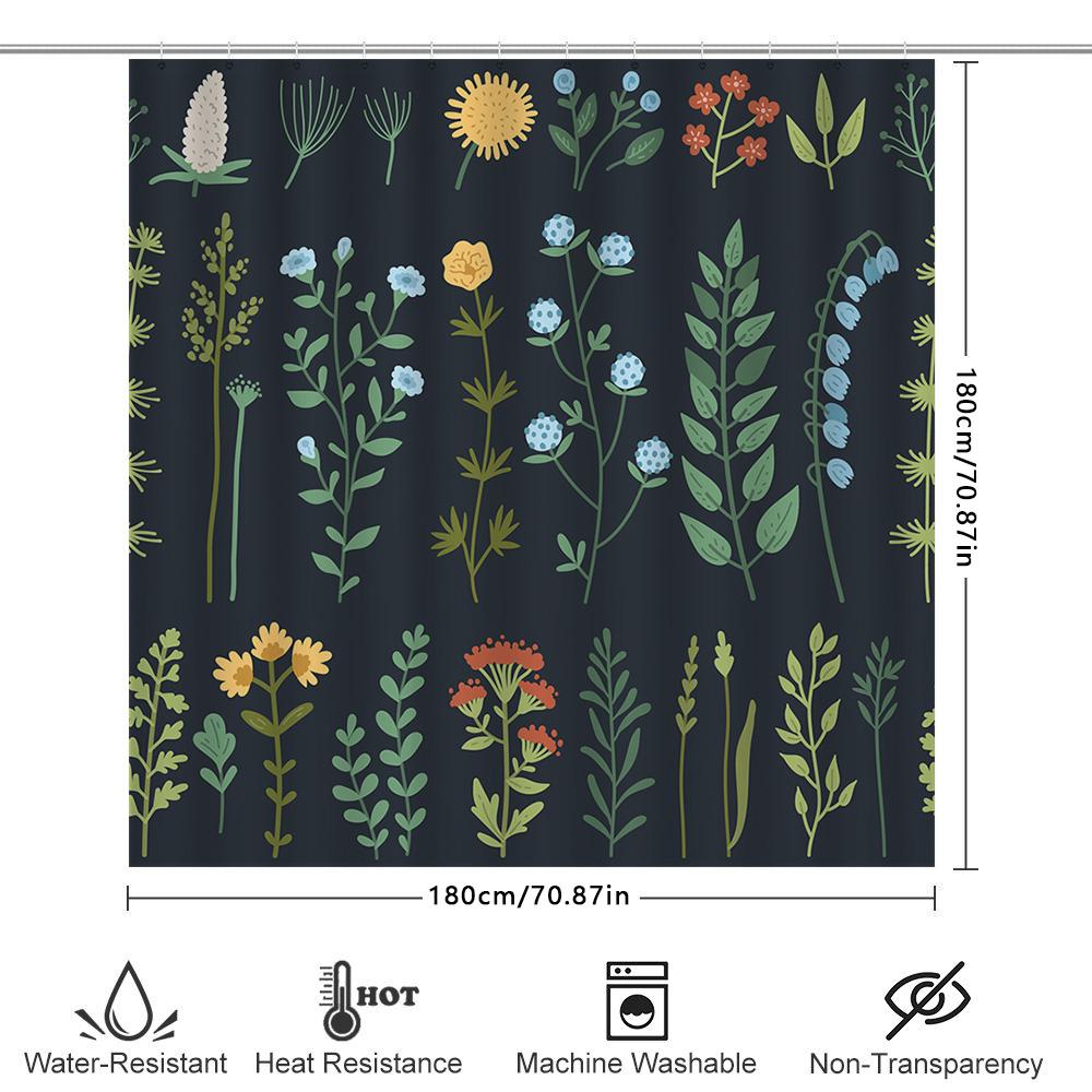 Waterproof Fabric Shower Curtain With Floral Design For Bathroom Decoration Dark Green Background, Multicolor Flowers Size Custo