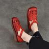 Johnature Genuine Leather Woven Breathable Flat Sandals Square Toe Soft Sole Versatile Women's Shoes