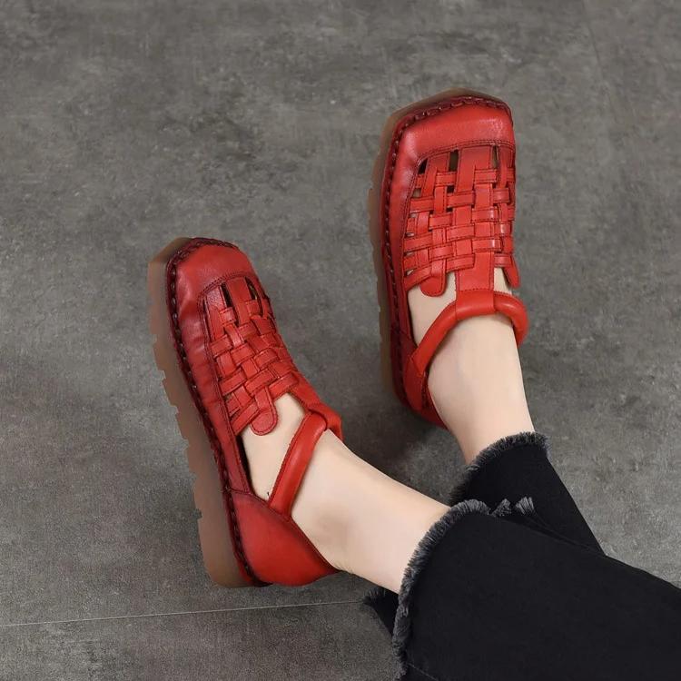 Johnature Genuine Leather Woven Breathable Flat Sandals Square Toe Soft Sole Versatile Women's Shoes