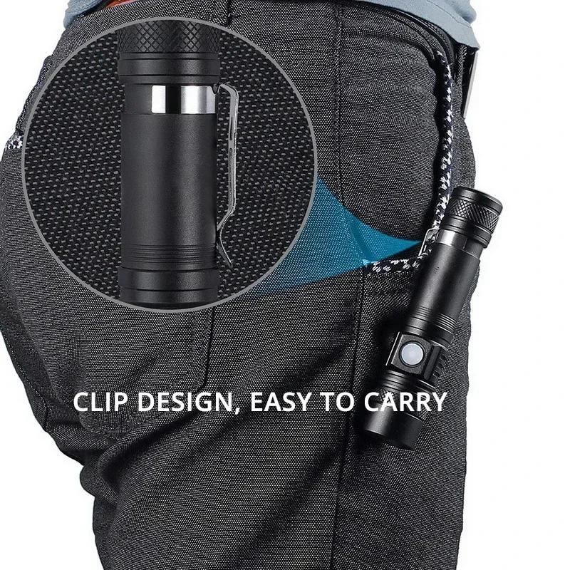 High Power T6 Led Flashlights Zoomable Camping Torch With Pen Clip Waterproof 4 Lighting Modes Multi Function USB Charger