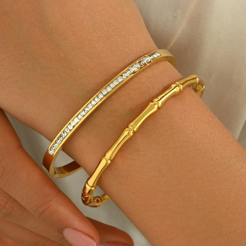 Stainless Steel Gold Plated Clover Charm Bangle Set With Rhinestone Accents Women