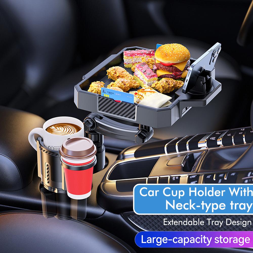 Upgraded Extended Version: 360-degree Rotating Car Table Tray with Mobile Phone Holder, Car Drink Holder and Cup Holder