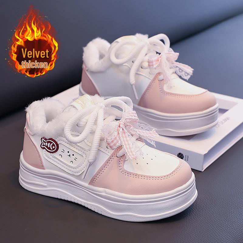 Versatile Children's Winter Plus Velvet Cat-Design Casual Warm Sneakers - White, Women's Sports Flat Shoes