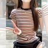 American Retro Striped Front Shoulder Crew Neck Short-sleeved T-shirt Women's Summer New Spice Girl Slim-fit Waist Top