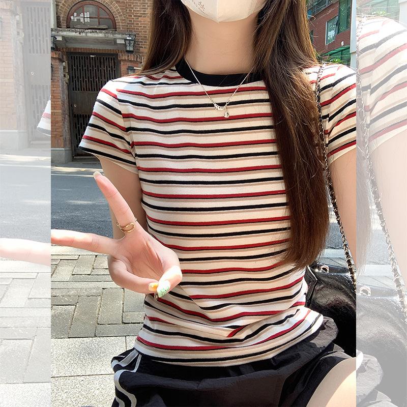 American Retro Striped Front Shoulder Crew Neck Short-sleeved T-shirt Women's Summer New Spice Girl Slim-fit Waist Top