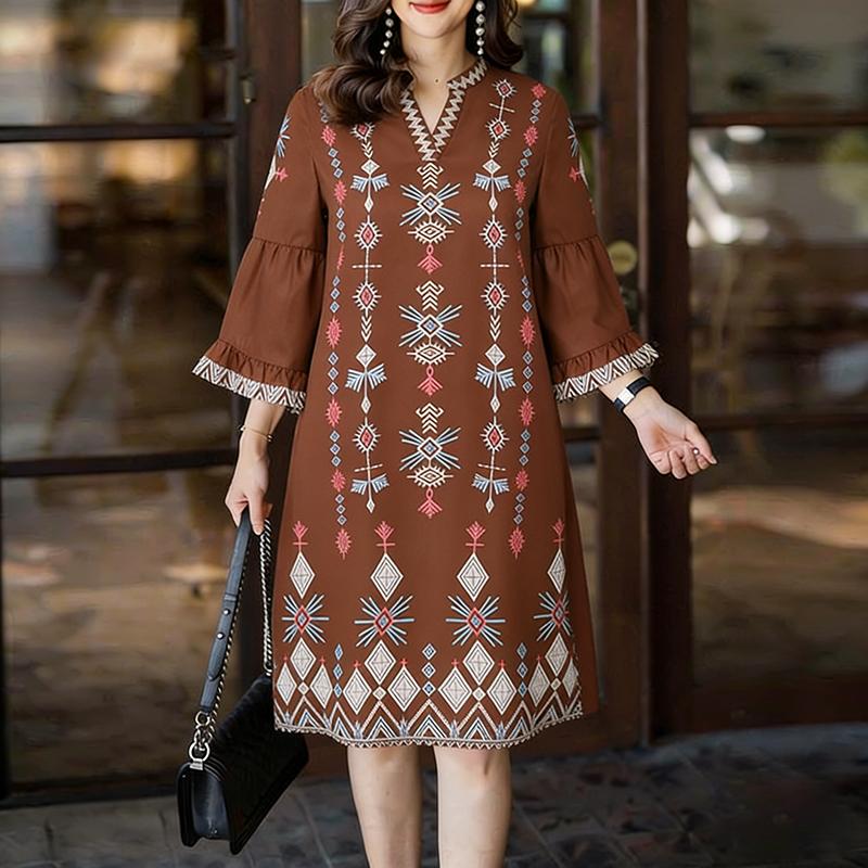 ZANZEA Women Casual V-Neck Floral Print Loose 3/4 Sleeve Dress S коричневый